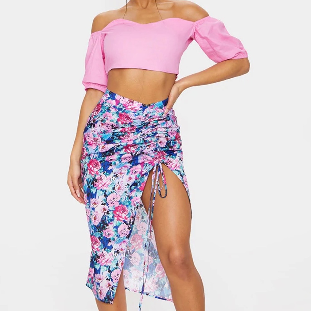 Blue Woven Floral Ruched detail midi Skirt - Picture 1 of 4